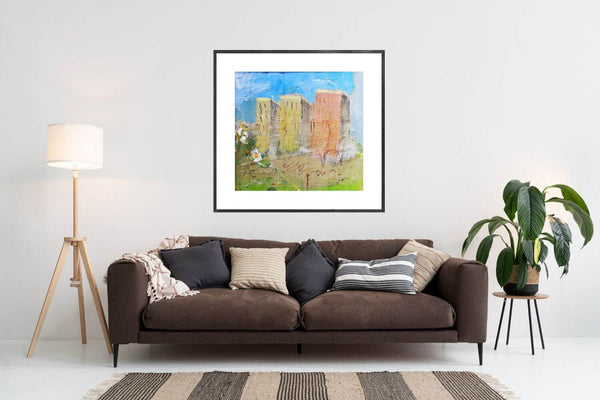 Vicino al cielo - Opera d'arte ambientata in salotto con arredamento contemporaneo.