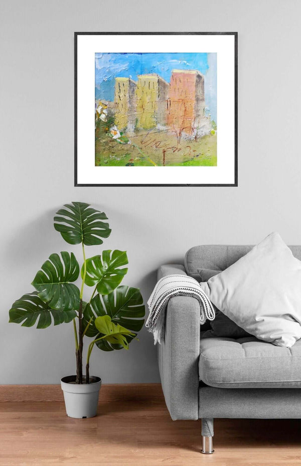 Vicino al cielo - mmagine di un dipinto che mostra un paesaggio cittadino con edifici in lontananza.