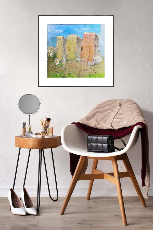 Vicino al cielo - Rappresentazione artistica di un paesaggio urbano con edifici sullo sfondo.