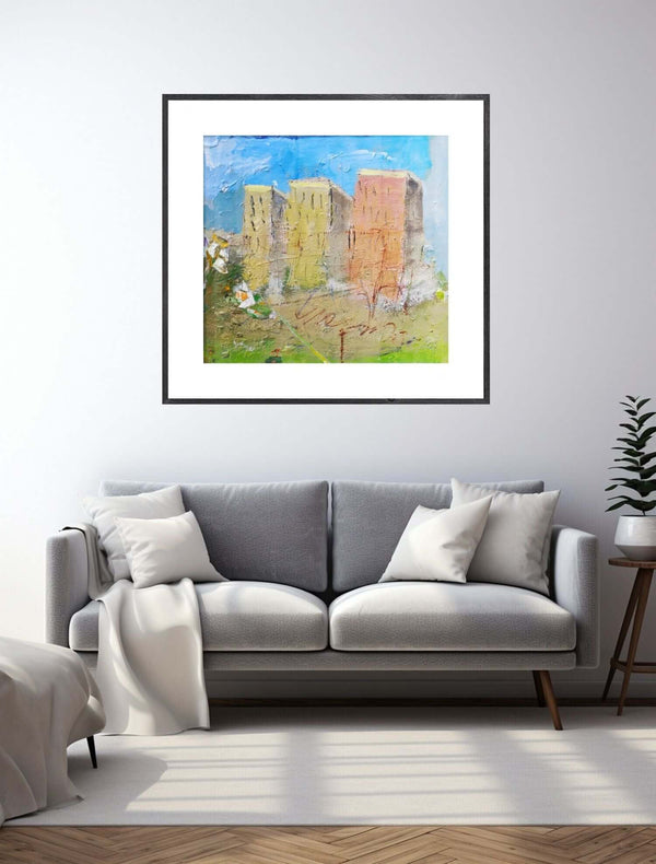 Vicino al cielo - Pittura di un paesaggio urbano con edifici che si ergono sullo sfondo.