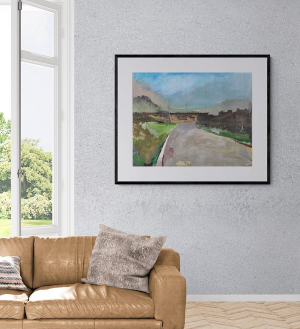 Al tramonto - Un quadro che illustra una strada con un paesaggio visibile sullo sfondo.