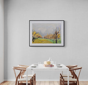 Alberi in autunno - Paesaggio autunnale con alberi dalle foglie colorate, toni caldi di rosso, giallo e arancione, atmosfera stagionale, nella sala da pranzo.