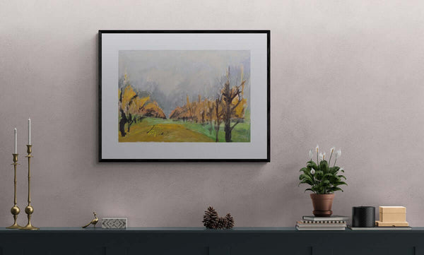 Alberi in autunno - Un dipinto di paesaggio di alberi in un campo sotto un cielo nuvoloso, che evoca un'atmosfera tranquilla.
