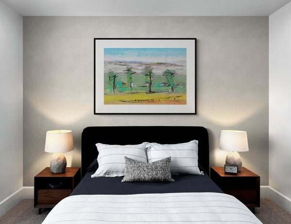 Case fra gli alberi - Pittura di un paesaggio con alberi, case e una collina sullo sfondo, esposto in camera da letto.