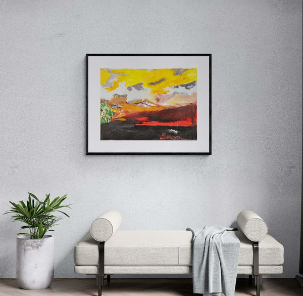 Cielo al tramonto - Immagine di un cielo dipinto in rosso e giallo, con nuvole fluttuanti in abiente domestico.