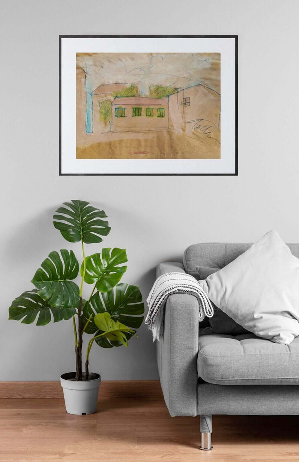 Colori per un paesaggio - llustrazione di una casa su un fondo di carta paglierino, con contorni chiari.