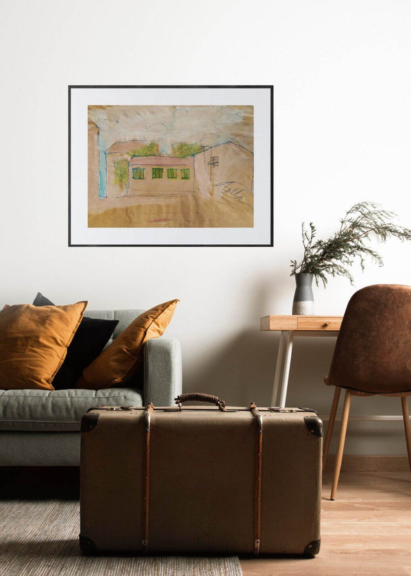 Colori per un paesaggio - Rappresentazione di una casa disegnata su carta marrone, con uno stile essenziale.