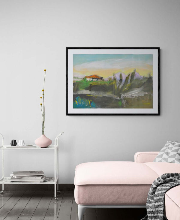 Delicato come paesaggio - opera d'arte originale che rappresenta una casa in mezzo al verde