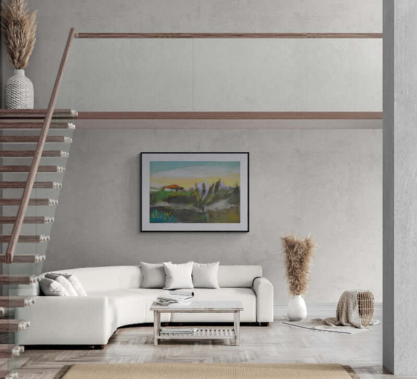 Delicato come paesaggio - Opera d'arte ambientata in salotto con arredamento contemporaneo