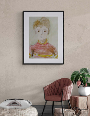 Di fronte - Un dipinto d'arte che mostra un ragazzo in un maglione rosso.