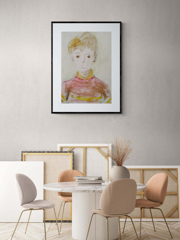 Di fronte - Un dipinto di un ragazzo che indossa un maglione rosso, esposto nello studio dell'artista.