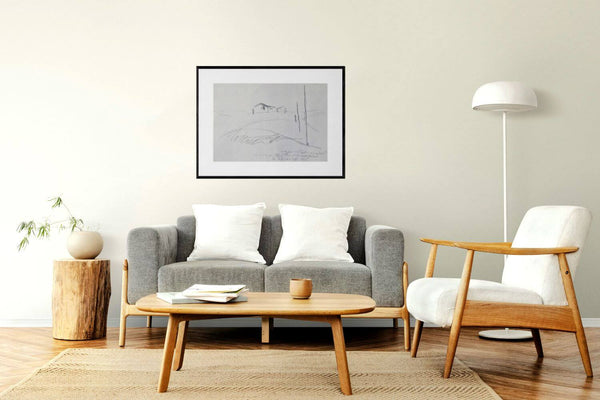 Diradarsi dei pali -  Disegno d'arte di una casa in cima a una collina, con pali in prospettiva.