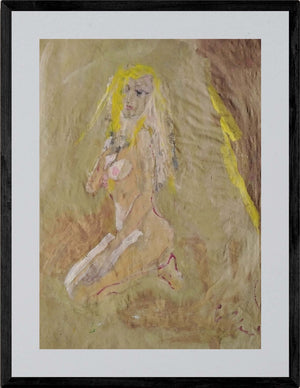 Donna e poesia - Opera d'arte originale acrilico su carta gialla di Tonino Gottarelli, 48x34 cm (18,8x13,3 in)