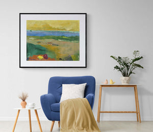 Due presenze nel paesaggio - Vista del quadro in contesto abitativo per idee di arredamento.