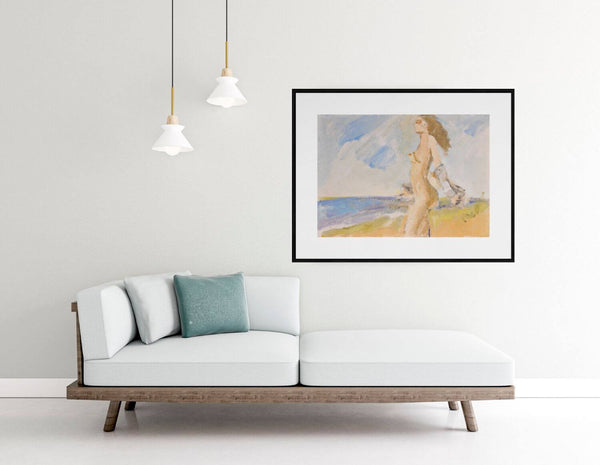 Eleganza in riva al mare - Opera che ritrae una donna nuda sulla spiaggia, immersa in un ambiente naturale e luminoso.