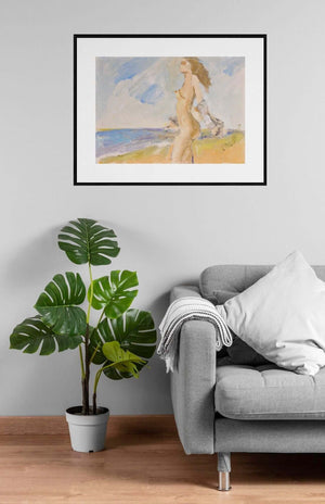 Eleganza in riva al mare - Figura femminile in riva al mare con pennellate impressioniste e tonalità tenui di azzurro e beige.