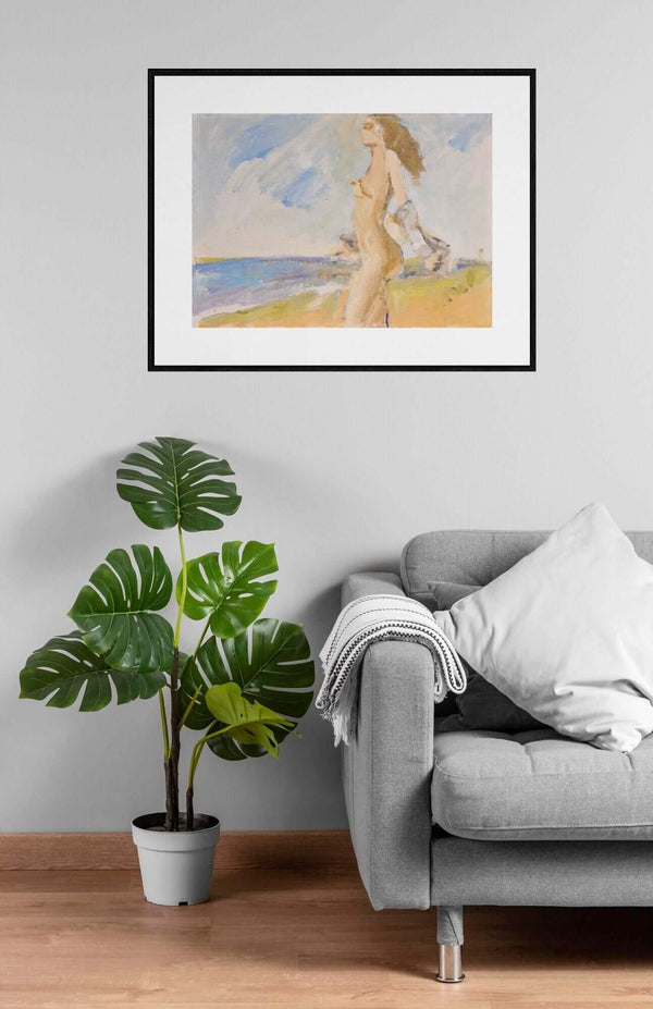 Eleganza in riva al mare - Figura femminile in riva al mare con pennellate impressioniste e tonalità tenui di azzurro e beige.