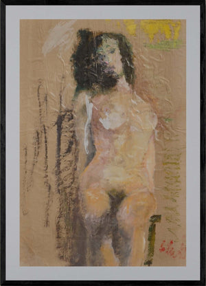 Essenza femminile - Opera d'arte originale acrilico e collage su carta gialla di Tonino Gottarelli, 55x36 cm (21,6x14,1 in)