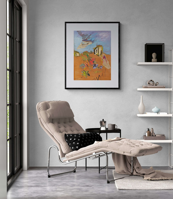 Foglie color cuoio - Rappresentazione di una casa e fiori, con un collage che offre una narrazione visiva ricca e stratificata.