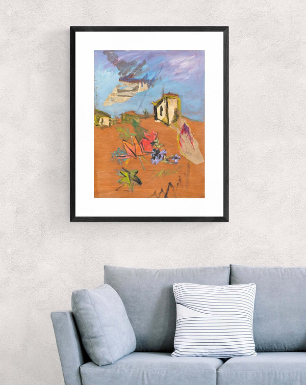 Foglie color cuoio - Dipinto di una casa e fiori, con un collage che crea una narrazione visiva profonda e stratificata.