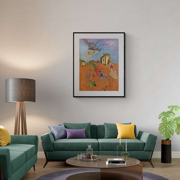 Foglie color cuoio - Opera d'arte ambientata in salotto con arredamento contemporaneo.