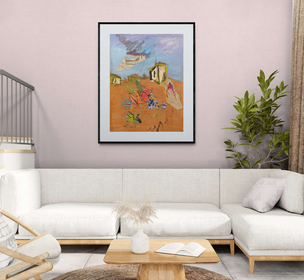 Foglie color cuoio - Opera che rappresenta una casa e fiori con un collage che offre una narrazione visiva ricca e stratificata.