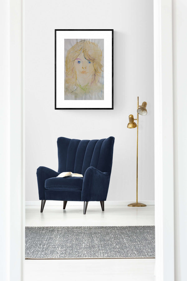 I capelli rossi - Opera d'arte ambientata in salotto con arredamento contemporaneo.