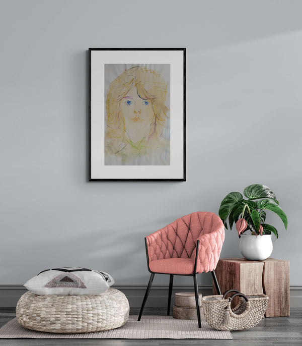 I capelli rossi - Disegno di una ragazza con occhi blu, che guarda verso l'orizzonte con un'espressione sognante.