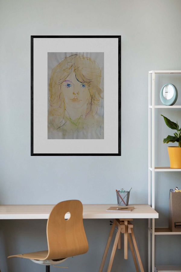 I capelli rossi - Disegno originale di una ragazza con occhi blu, esprimendo un senso di meraviglia e curiosità.