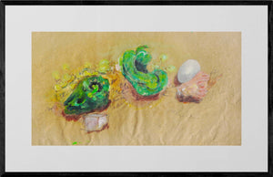 Il bianco dell'uovo - Opera d'arte originale acrilico su carta gialla di Tonino Gottarelli, 33x49 cm (12,9x19,2 in)
