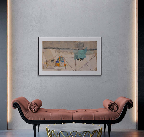 Il cielo della neve - Opera d'arte ambientata in salotto con arredamento moderno.