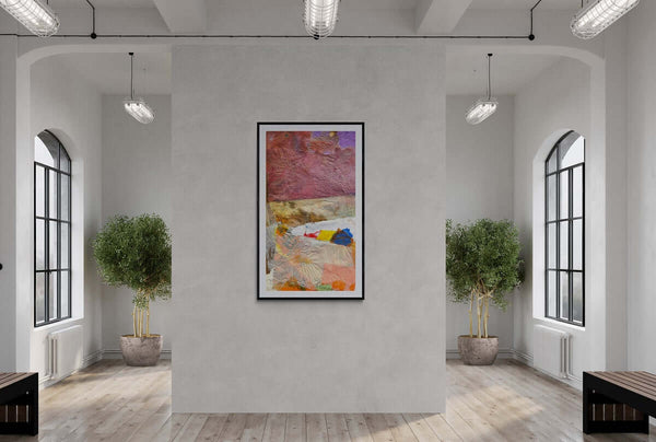 Il colore del cielo - Rappresentazione artistica di un paesaggio a collage vivace, caratterizzata da stratificazioni di colori brillanti.