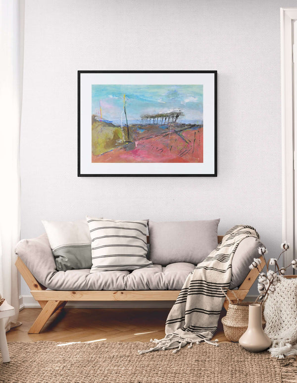 Il colore della collina - Un'opera originale che rappresenta un campo alberato con un cielo azzurro.
