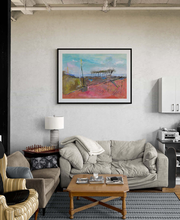 Il colore della collina - Un quadro di un campo verde con alberi e un cielo blu luminoso.