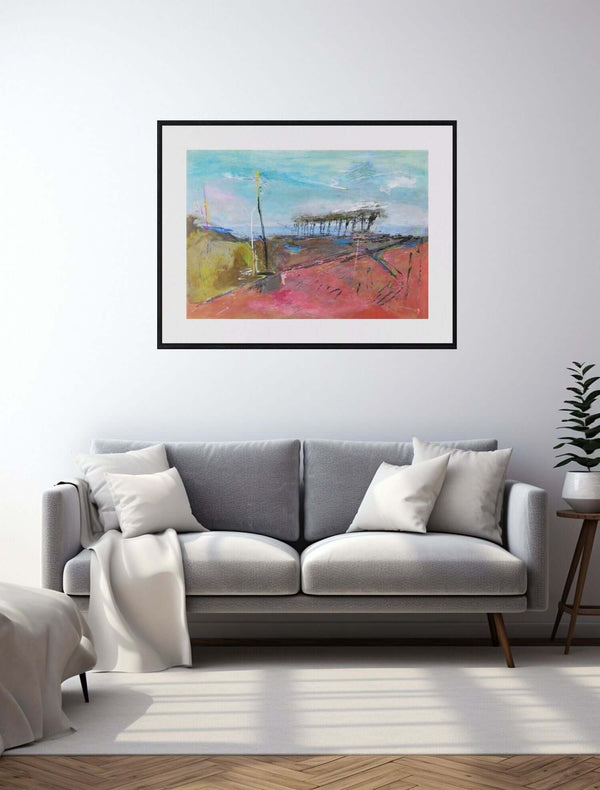 Il colore della collina - Un dipinto originale che mostra un campo con alberi e un cielo sereno.