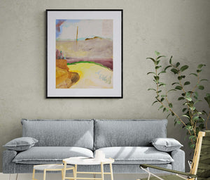 Il colore della strada - Un'opera d'arte che mostra una collina con un palo in mezzo, con una strada di campagna.