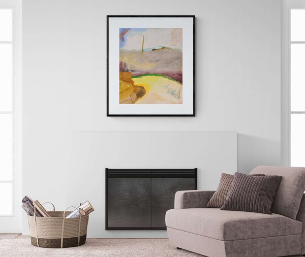 Il colore della strada - Un quadro che rappresenta una collina con un palo, affiancata da una tranquilla strada di campagna.