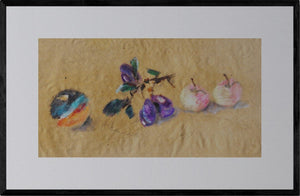 Il colore delle prugne - - Opera d'arte originale acrilico su carta gialla di Tonino Gottarelli, 34x48 cm (13,3x18,8 in)