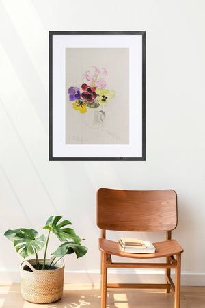 Il colore delle viole - Dipinto floreale con viole dai petali di tanti colori intensi su sfondo neutro.