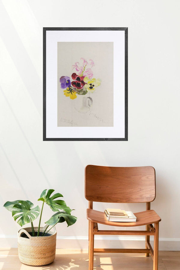 Il colore delle viole - Dipinto floreale con viole dai petali di tanti colori intensi su sfondo neutro.