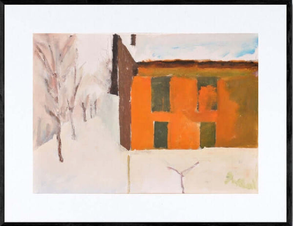 Il muro rosso sulla neve - Opera d'arte acrilico su tela di Tonino Gottarelli, 50x70 cm