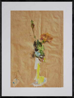 Il passato di una rosa - Opera d'arte originale acrilico e collage su carta gialla di Tonino Gottarelli, 55x38 cm (21,6x14,9 in)