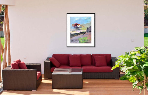 Il ricordo di una nube - Immagine di un cielo, casa e nuvole, con pennellate espressive che creano un'atmosfera di astrazione e movimento.