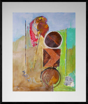 Il segnale nel paesaggio - Opera d'arte acrilico e collage su tela di Tonino Gottarelli, 100x80 cm.