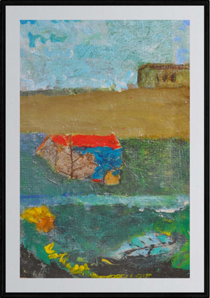 Il tetto rosso - Opera d'arte  acrilico e collage su carta velina incollata su tela di juta di Tonino Gottarelli, 26x16 cm (10,2x6,2 in)