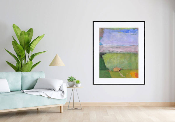 Il verde prato - Un quadro di una casa circondata da un campo e una collina verde in lontananza, in soggiorno.
