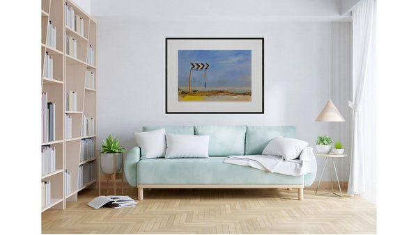 Il volo di una rondine - Un quadro che ritrae un cartello contro il cielo, con un design accattivante e colori brillanti.