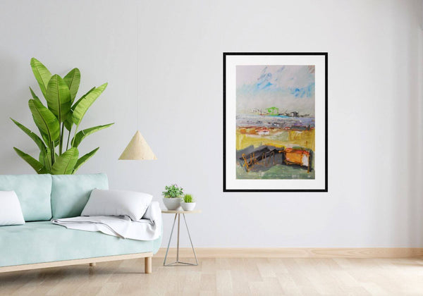 In prospettiva - Paesaggio in prospettiva con un edificio verde sullo sfondo, caratterizzato da colori vivaci e astrazione