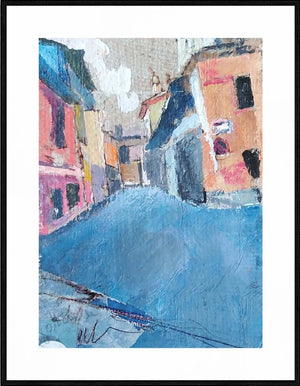 Infinità del vicolo - Opera d'arte acrilico e collage su cartone telato di Tonino Gottarelli, 18x13 cm (7,0x5,1 in)