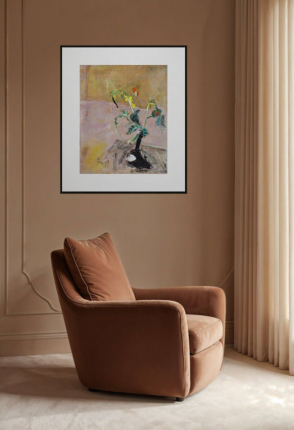 La ginestra - Un'opera d'arte che rappresenta un vaso decorato con fiori e foglie, dai colori vivaci.